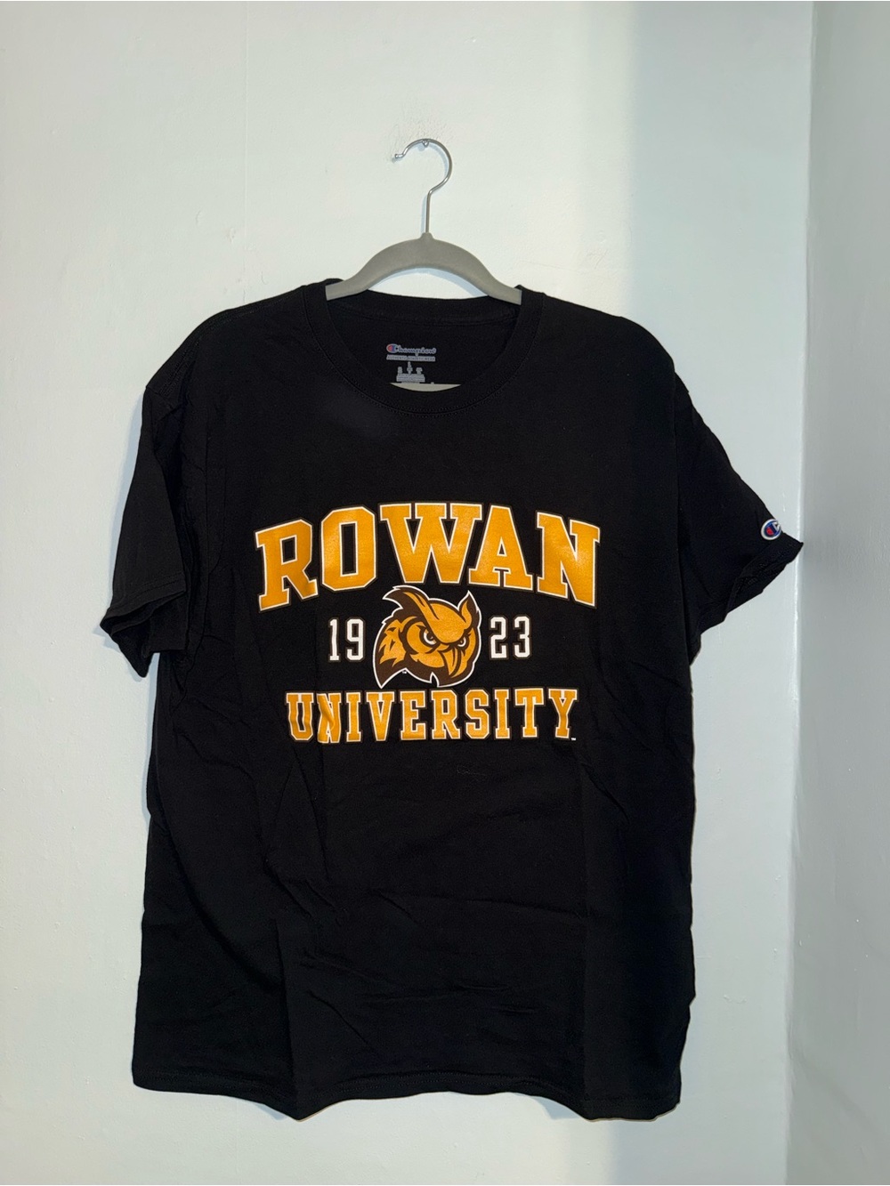 Champion Black Rowan University Graphic Tee with Gold Print